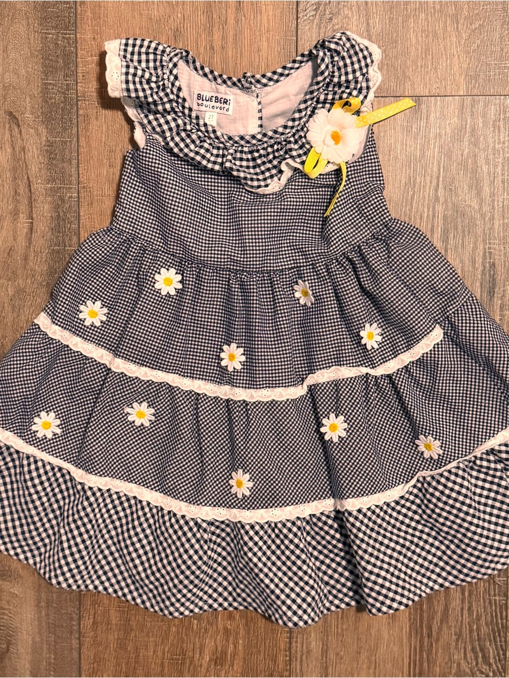 Blueberi Boulevard Navy Gingham Daisy Dress with Yellow Bow Accent